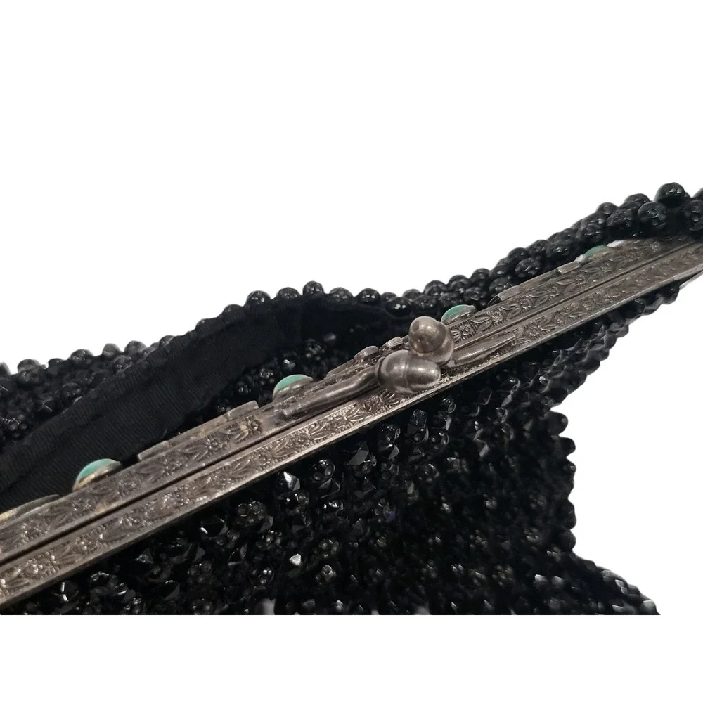 Antique Vintage 1920's Art Deco Beaded Black Flapper Handbag Purse Bag